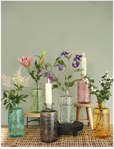 Gekleurd glazen fles Berlin Soft Grey / stuk Grotere fles ook voor olielamp bottle Ø9cm  h. 21 cm
