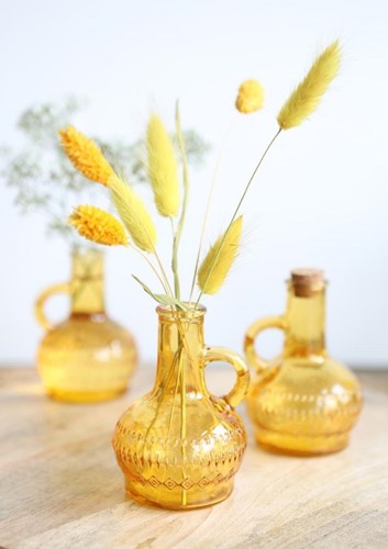 Gekleurd glazen flesje, vaasje, Lille Oker Ocre / stuk h.10 Ø7cm