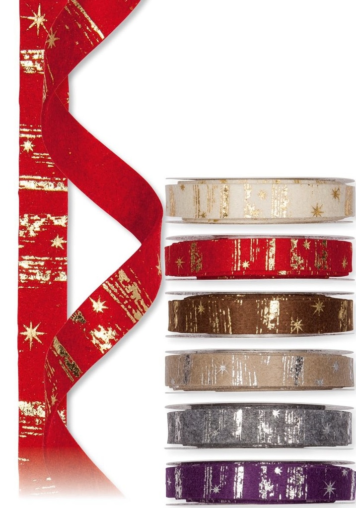 Vilt lint Viltband bedrukt met sterren 77 Rood Goud 2 cm rol 5 meter