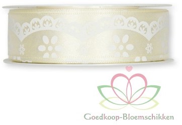 Satijnlint Kant en Opdruk Creme Broderie 25 mm rol 20 meter