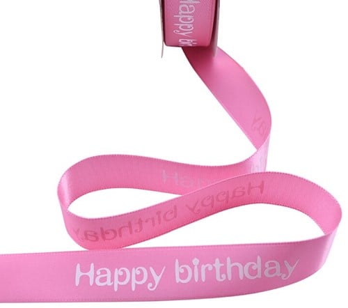 Satijnlint bedrukt Happy Birthday Pink 2 5 meter