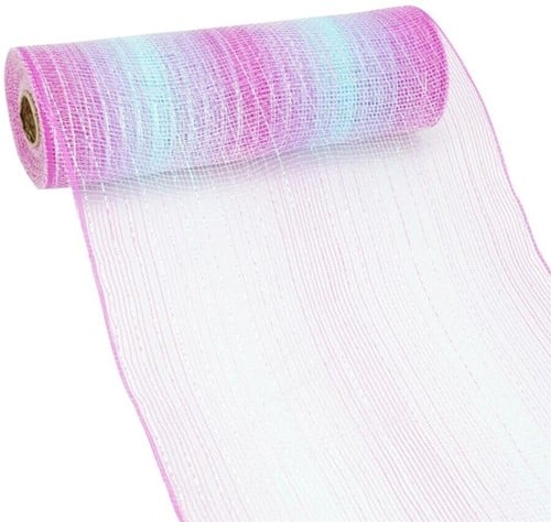 Decomesh Metallic Multi-stripes 06 Blauw Pink 26 cm rol 9 meter voor kransen en inpakken