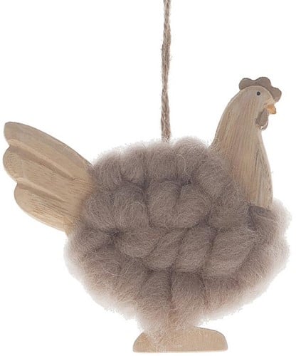 Houten Kip Hen Wol Pashm Hangend 9,5x10x2,5 cm