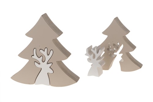 Houten Rendier in dennenboom Taupe/Wit 11,5x2,5 cm