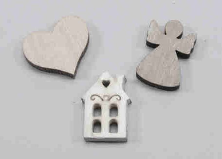 Houten decoratie Hart Engelhuisje 3 cm 24 stuks kleinverpakking