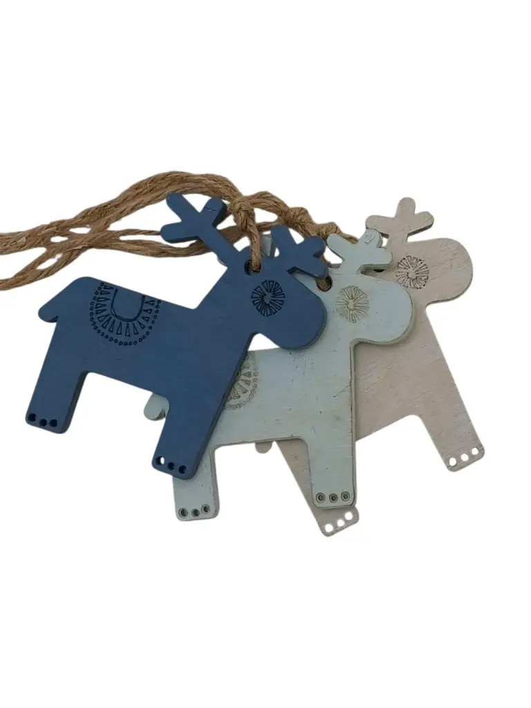 Houten hanger Rendier Mixed 8x8 cm met touw