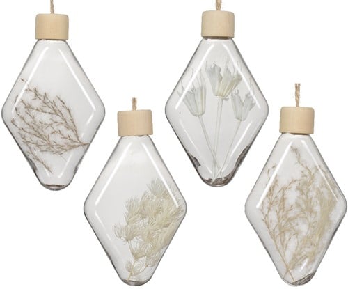 Ornamenten transparant met droogbloemen 7x3x14 cm set 4 stuks