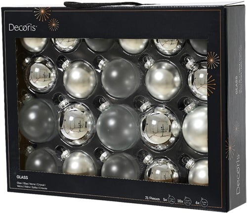 Kerstballen glas assortiment Zilver kleuren 7 cm doos 21 stuks