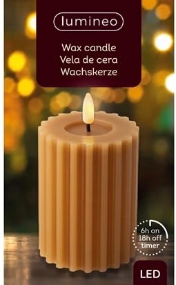 LEDkaars Wax Steady Binnen Ribbel Lumineo Bruin Warm Wit Ø7,5 cm H 12,3 cm per stuk