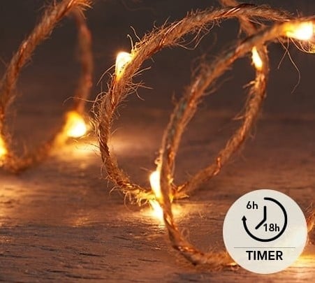 Ledstring Jute 2 meter 40 leds Classic timer 6/18h 2xAA