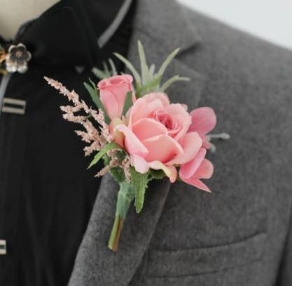 Luxe Corsage Zijden Roos OudRoze Groen Boutonnière op pinclip met speld