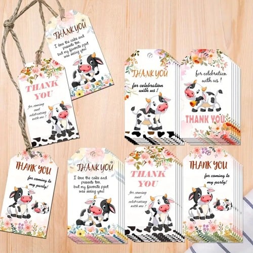 Bloemenkaartjes Thank you for celebrating Koeien set 50st cadeaulabels met touwtje