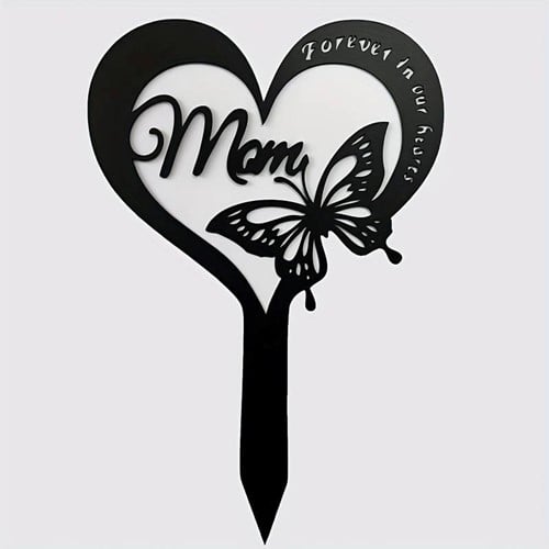 Grafdecoratie Herdenkingsplaatje hart en vlinder Forever in our hearts Mom op steker
