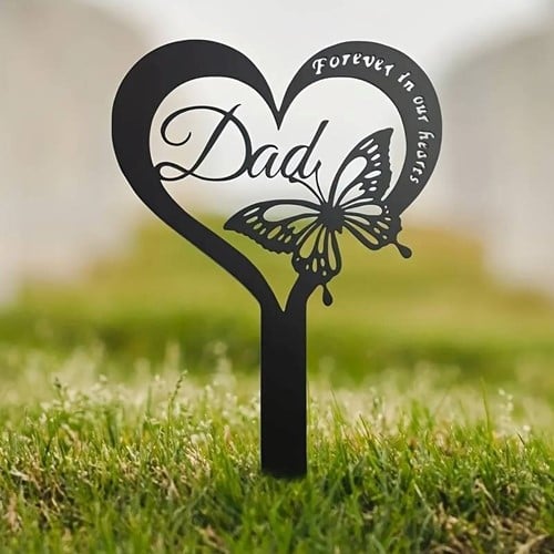 Grafdecoratie Herdenkingsplaatje hart en vlinder Forever in our hearts Dad op steker