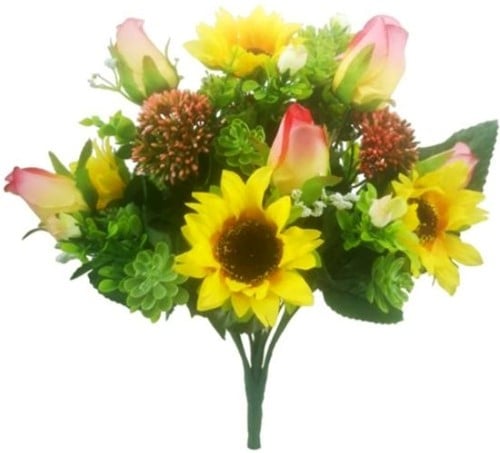 Zijden Boeket Zonnebloem Rosebud en Succulent Bush Pink/Yellow/Groen 38 cm