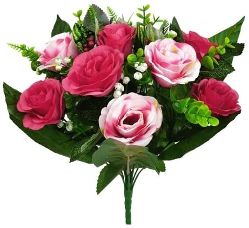 Zijden Boeket Roos Bush met bessen Pink/Wine 35 cm