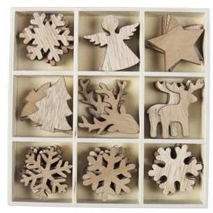 Houten figuurtjes Kerst Winter 9 soorten 3.5-4 cm doosje 36 stuks