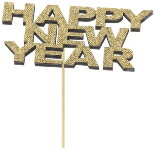 Happy New Year Goud 12x6 cm stok 50 cm per 5 stuks