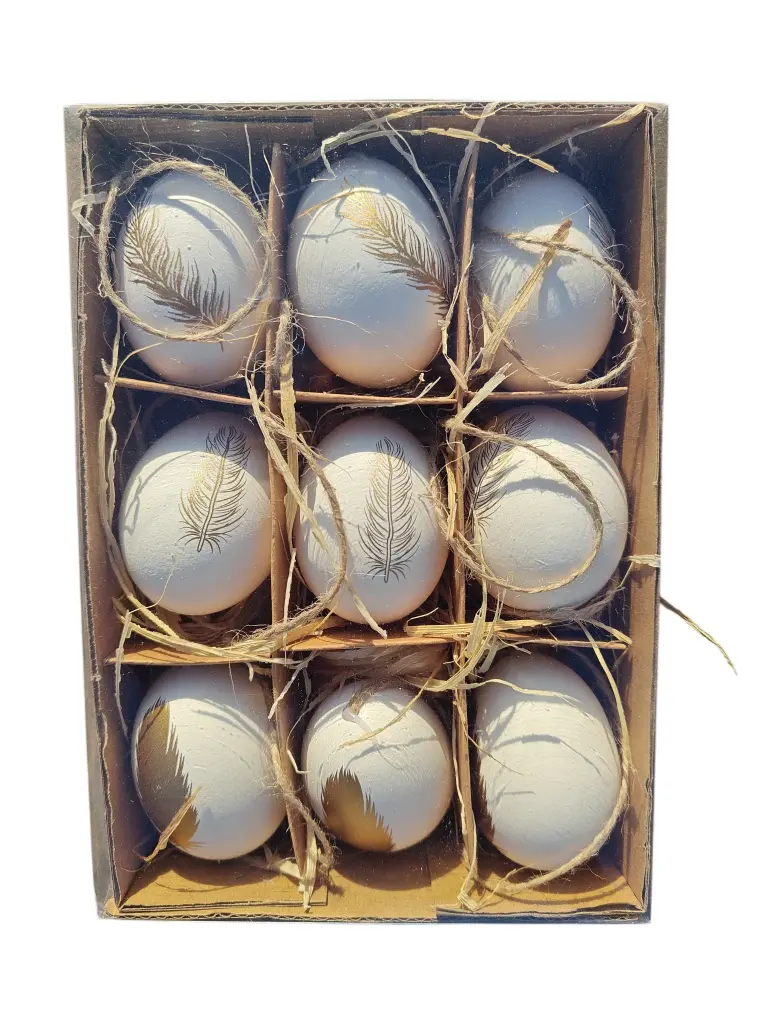 Kippeneieren Wit met gouden veren opdruk 9 stuks