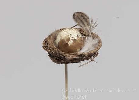 Vogelnestjes met 1 kwartelei en veertjes op stok 5 cm doos 12 stuks