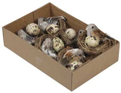 Vogelnestjes met 1 vogel en 1 eitje op stick 7 cm doos 6 stuks