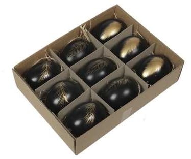 Kippeneieren Zwart met gouden veren opdruk 6 cm doos 9 stuks