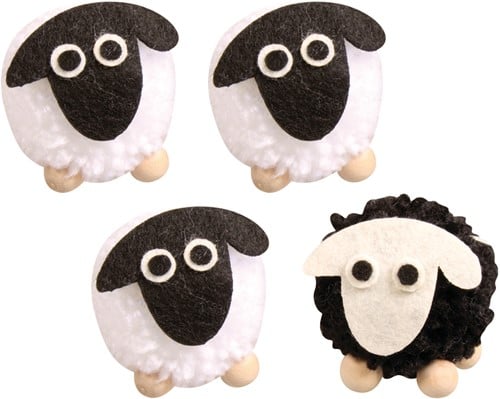 Pompon schaap hanger 5 cm doos 4 stuks wit en zwart