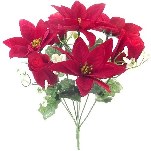 Kerstster Kerstroos Roosboeket Poinsettia Rood Wit Zijdenbloem 7 knoppen