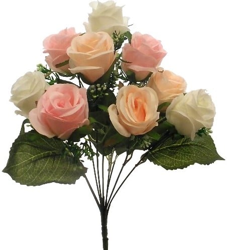 Zijden Rozen Ivory Pink Peach Knop met Gips Grote bloem Boeket 9 stuks