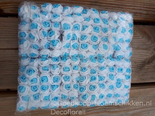Mini Foam Roos met Tule Wit Blauw Hart 2 cm Bulk Pak 144 stuks