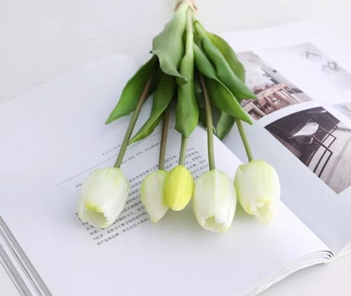 Tulpen Real Touch Luxe Siliconen Latex Groen Wit 33 cm Bundel ca. 5 stuks