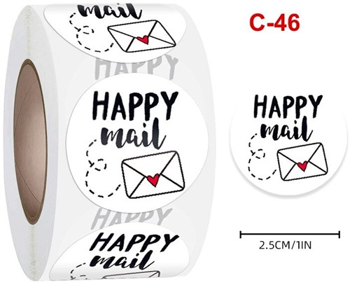 Sluitstickers Happy mail rond etiket 2,5 cm rol 500 labels