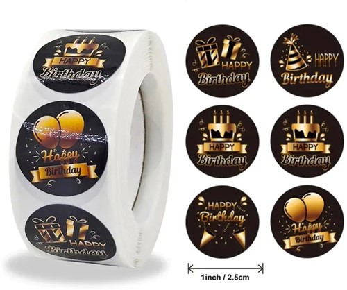 Sluitstickers Happy birthday zwart goud kraft rond etiket 2,5 cm rol 500 labels