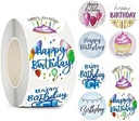 Sluitstickers Happy birthday blauw roze tinten rond etiket 2,5 cm rol 500 labels