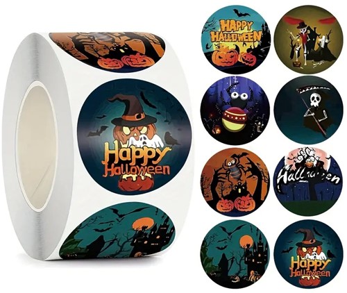 Sluitstickers Happy halloween pompoen rond etiket 2,5 cm rol 500 labels