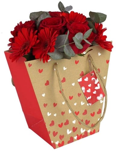 Bloementas geschenktas Kraft met hartjes 20x20x11x12 cm met label
