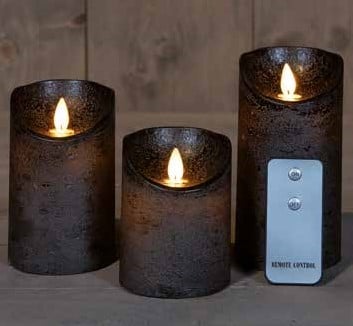 LEDkaars 3D Flame Wax Candle Rustiek Zwart Anna's Collection met afstandsbediening 7,5x10/12,5/15 cm 3 stuks