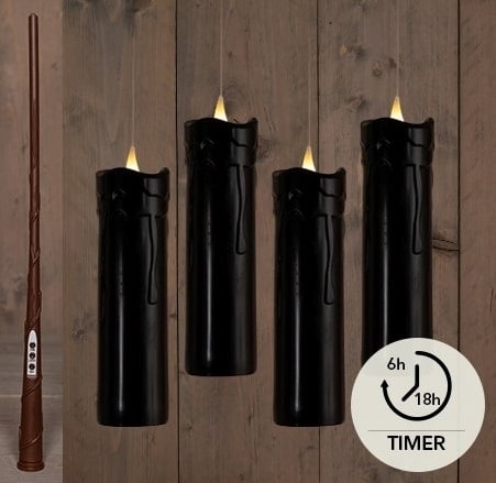 LEDkaars Floating Candle Magic Zwart Anna's Collection met timer Drip set inclusief toverstaf draad en haken 18x5 cm 4 stuks