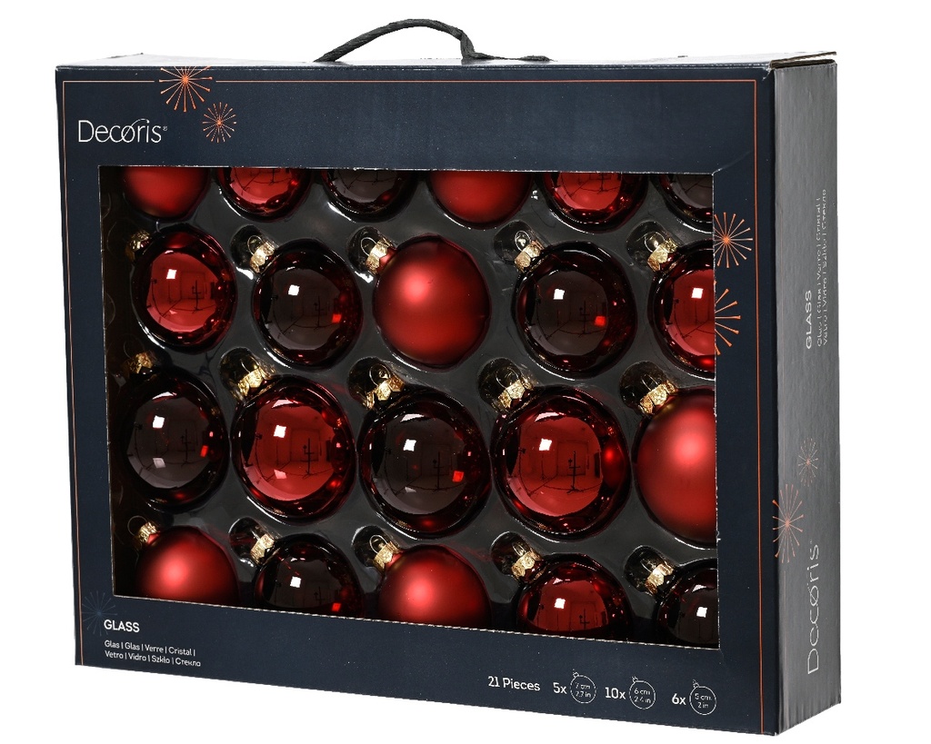 Kerstballen Glas Ossenbloedrood 7 cm Set van 21
