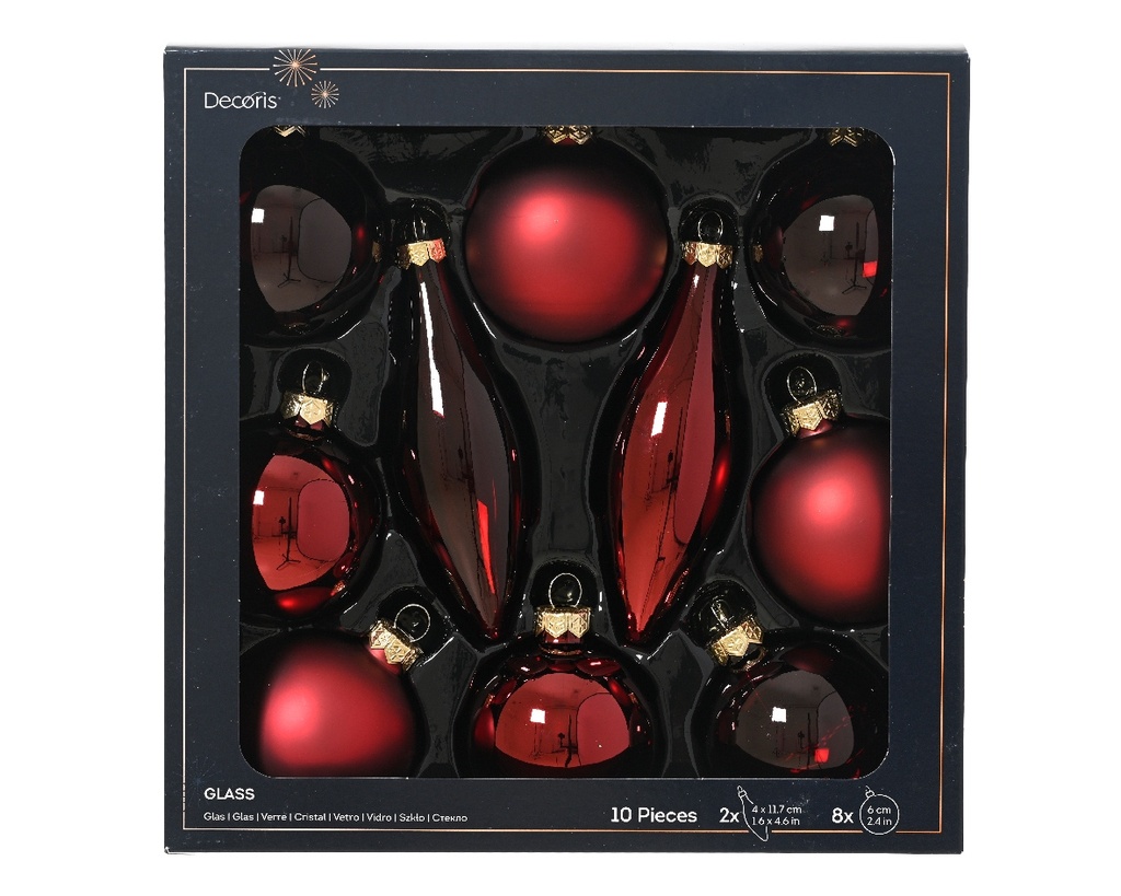 Kerstballen Glas Ossenbloed Mix Set van 10