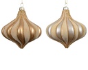 Kerstballen druppelvorm 10 cm Flock goud en beige onbreekbaar set 2 stuks
