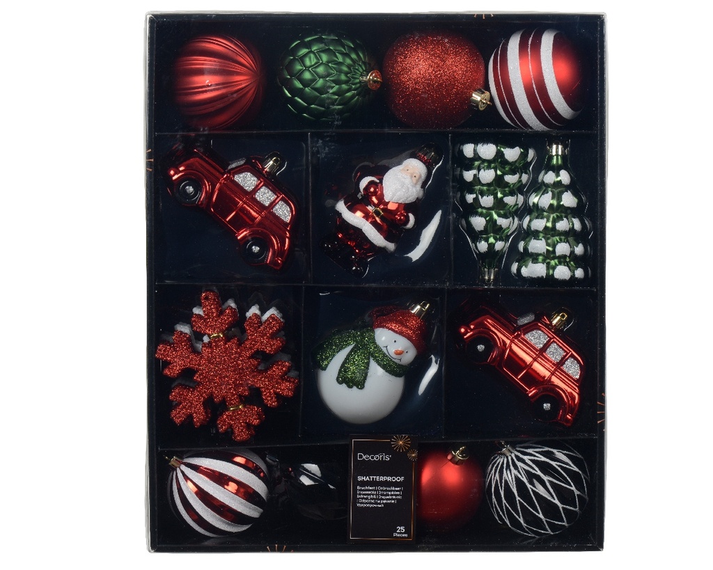 Kerstballen 8 cm Rood Groen Wit gestreept mix onbreekbaar doos 25 stuks