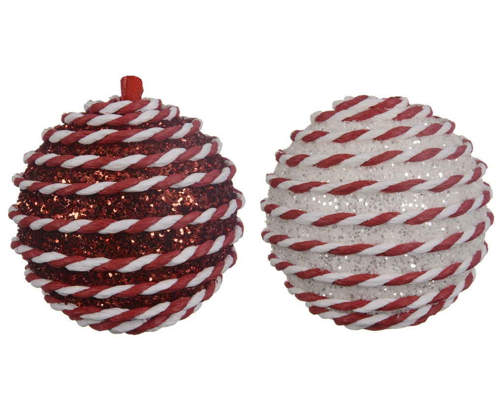 Kerstballen 8 cm Rood-Wit Candy cane motief set van 2