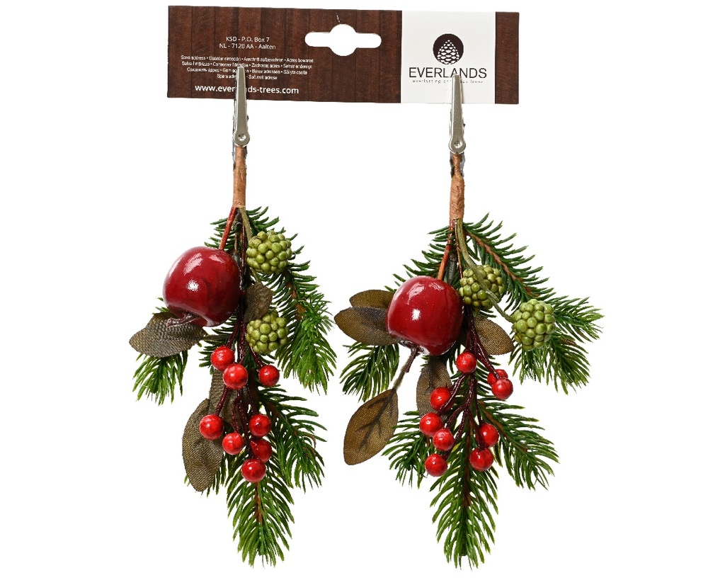 Kersthanger met Besjes en Appelmet Clip Rood Groen 22 cm Per Stuk
