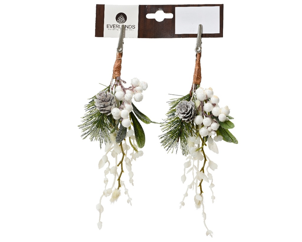 Kersthanger met Wintergroen Dennenappel en  Witte Besjes Clip 22 cm Per Stuk
