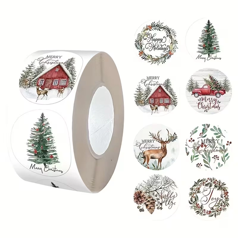 Sluitstickers Kerstetiketten Merry Christmas rustieke kerst rond etiket 2,5 cm rol 500 labels