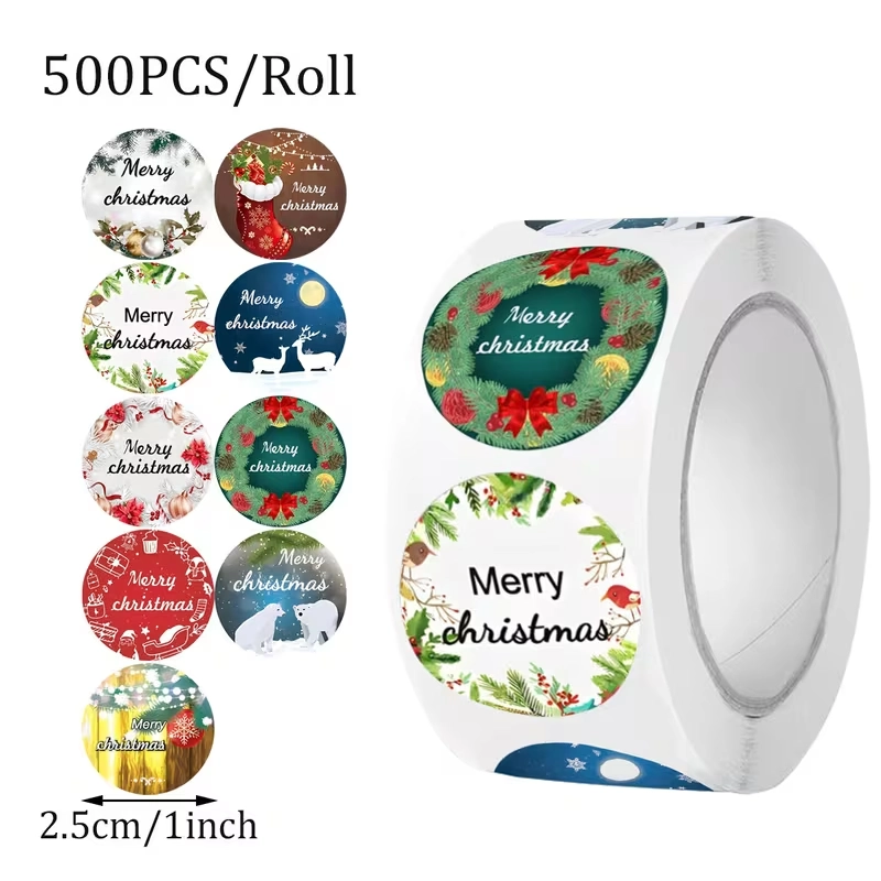 Sluitstickers Kerstetiketten Merry Christmas Winter Forest rond etiket 2,5 cm rol 500 labels 