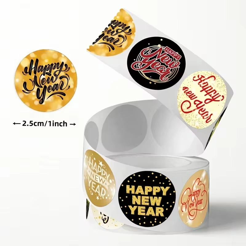Sluitstickers etiketten Happy New Year rond etiket 2,5 cm rol 500 labels