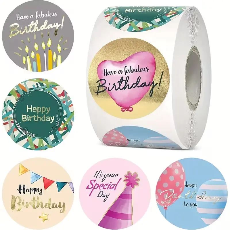 Sluitstickers Happy birthday rond etiket 2,5 cm rol 500 labels 