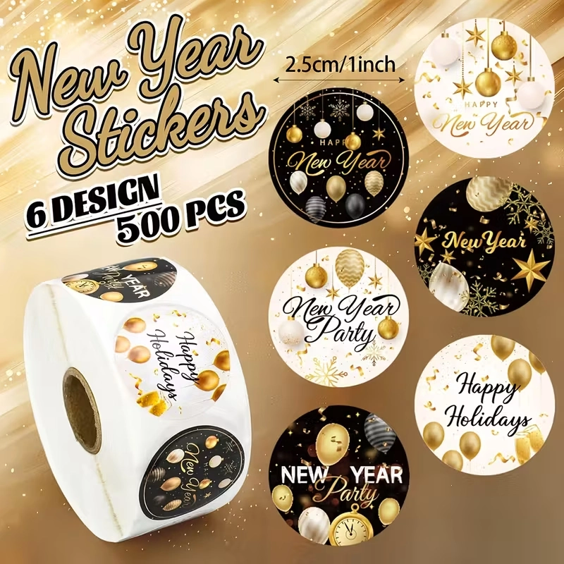 Sluitstickers etiketten Happy New Year Goud & Zwart rond etiket 2,5 cm rol 500 labels  